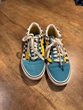 Vans Checkerboard Low-Top Sneakers in Teal & Yellow
